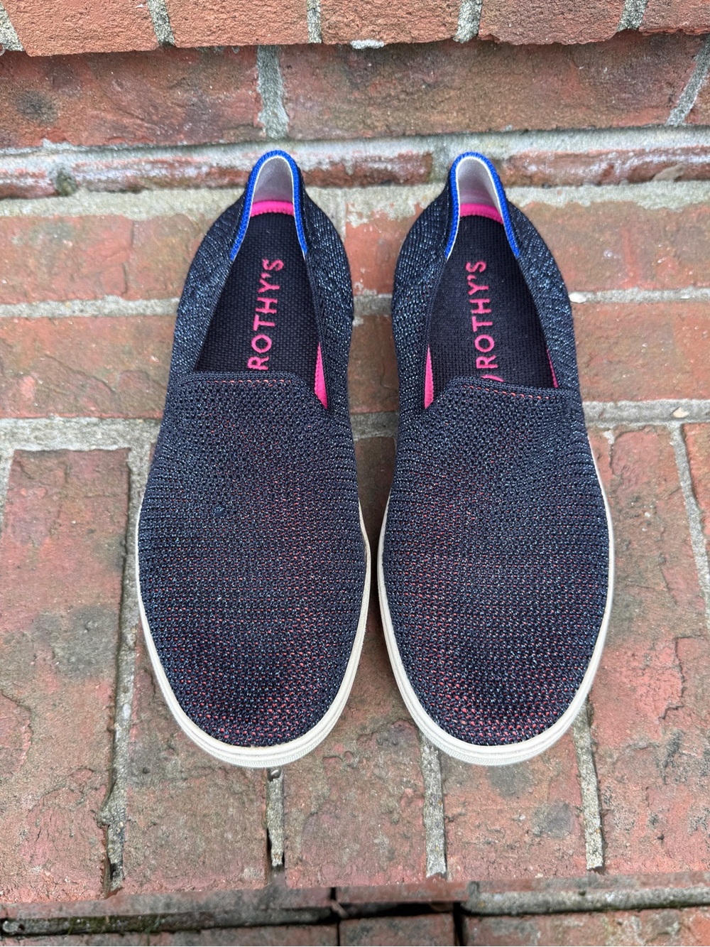 Rothy's Metallic Lattice Navy Blue Pink Stitch Sneakers Size 8 Women’s